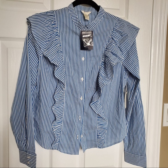 New blue and white striped frill blouse shirt - Picture 2 of 3